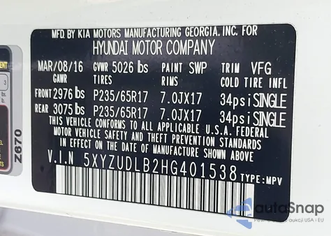 2017 Hyundai Santa Fe Sport 2.4L из США, поврежденный, VIN 5XYZUDLB2HG401538